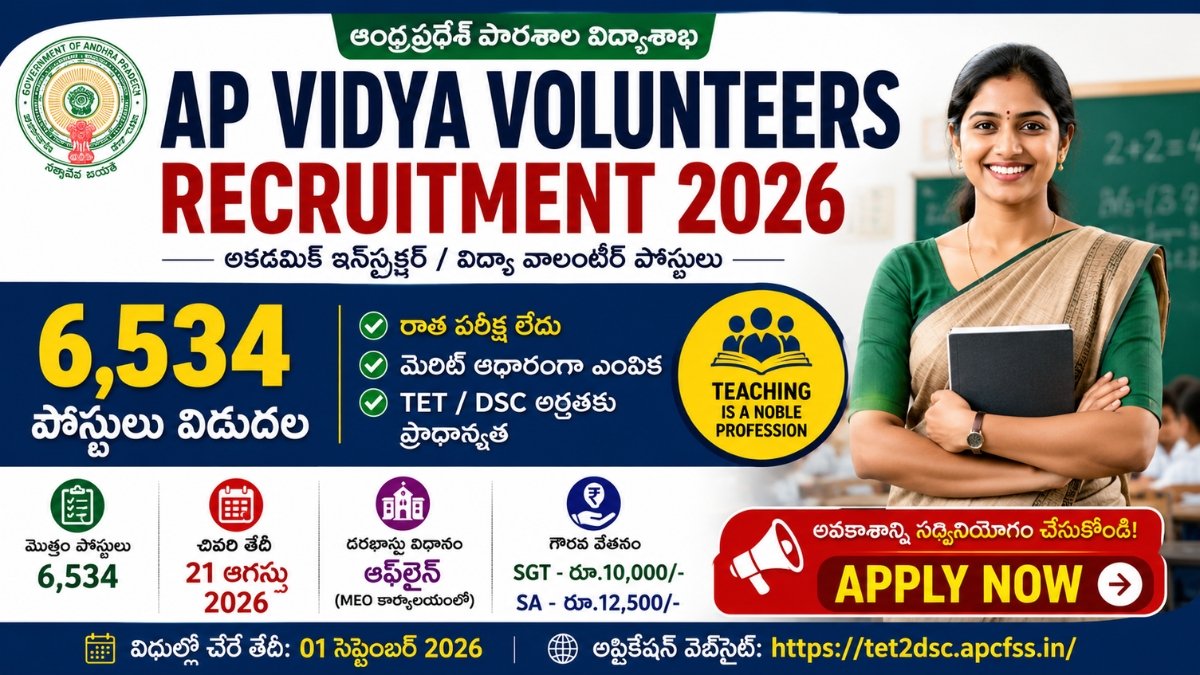ఏపీలో 6,534 విద్యా వాలంటీర్ పోస్టులు.. రాత పరీక్ష లేదు..వెంటనే ఇలా దరఖాస్తు చేసుకోండి! | AP Vidya Volunteers Recruitment 2026 3 ఏపీలో 6,534 విద్యా వాలంటీర్ పోస్టులు.. రాత పరీక్ష లేదు..వెంటనే ఇలా దరఖాస్తు చేసుకోండి! | AP Vidya Volunteers Recruitment 2026